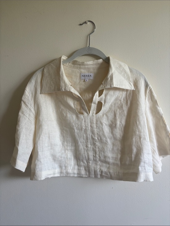 Tops - NEREA Cream Linen Crop Button-Front Shirt